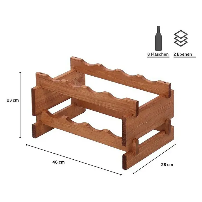 Proregal Flaschenregal Weinregal VINOTECA FLEX PRO für 8 Flaschen - L x B x H: 28 x 46 x 23 cm, Holz, Anzahl Böden: 2 Stk. - Abbildung eines hölzernen Weinregals für 8 Flaschen mit 2 Ebenen, Abmessungen: 46 x 28 x 23 cm, ideal zur Aufbewahrung von Weinen.