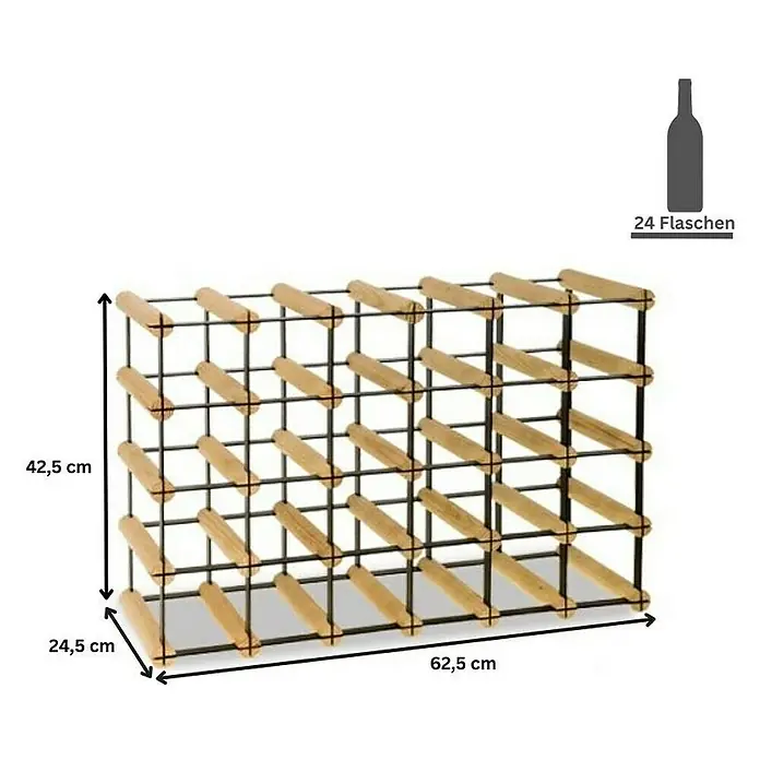 Proregal Flaschenregal Modulares Weinregal VINOTECA MOD METAL für 6x4 Flaschen - L x B x H: 24,5 x 62,5 x 42,5 cm, Holz - Abbildung eines Weinregals für 24 Flaschen, gefertigt aus Holz und Metall, mit den Maßen 62,5 cm Breite, 42,5 cm Höhe und 24,5 cm Tiefe.