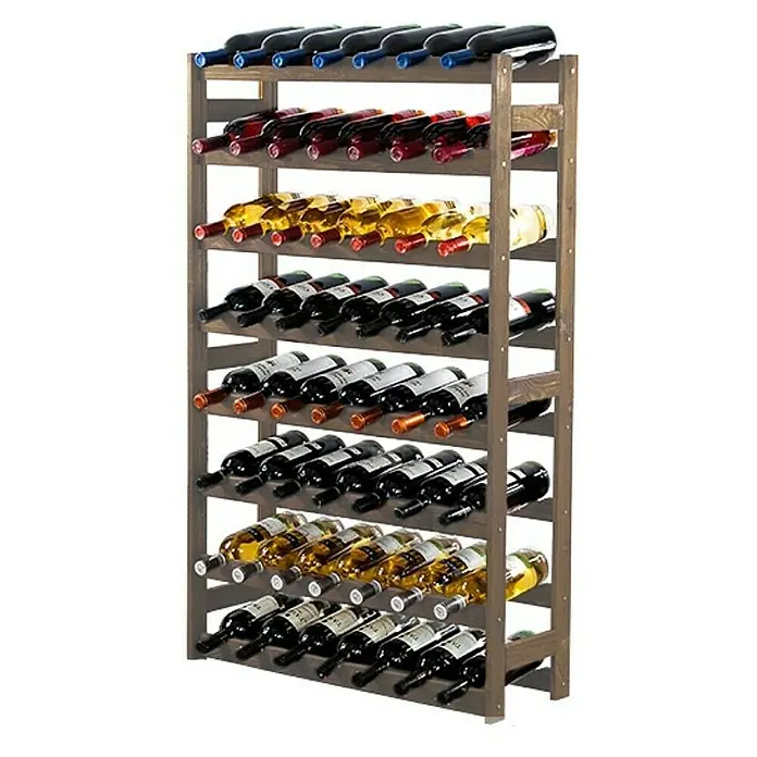 Proregal Flaschenregal Weinregal PINOTWINE für 56 Flaschen - L x B x H: 25 x 72 x 118 cm, Holz - Ein freistehendes Weinregal aus Holz mit mehreren Ebenen, gefüllt mit verschiedenen Weinflaschen, die horizontal gelagert werden.