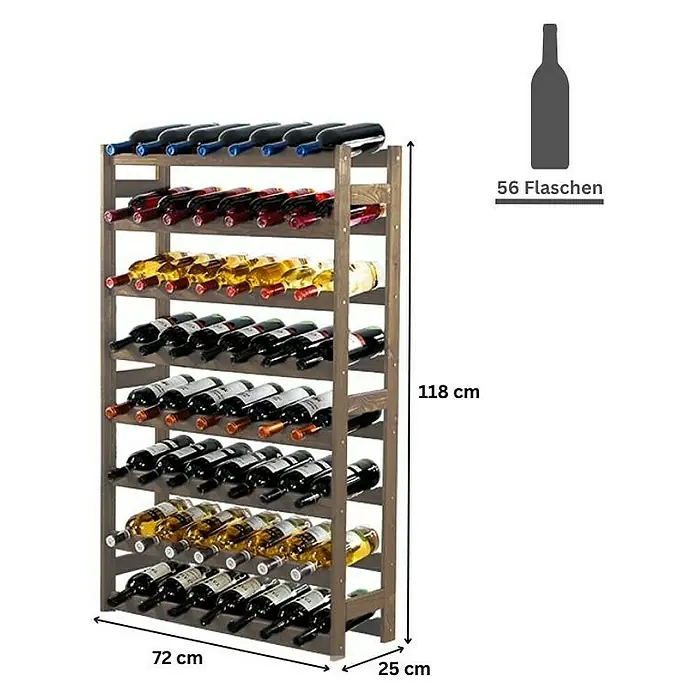 Proregal Flaschenregal Weinregal PINOTWINE für 56 Flaschen - L x B x H: 25 x 72 x 118 cm, Holz - Weinregal mit den Maßen 72x25x118 cm, geeignet für 56 Flaschen. Praktische Weinlagerung für Zuhause.