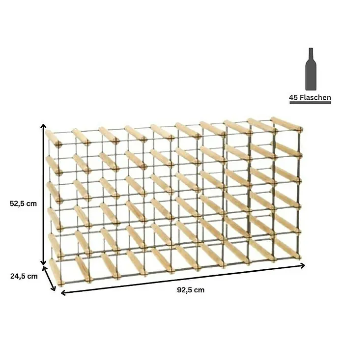 Proregal Flaschenregal Modulares Weinregal VINOTECA MOD METAL für 9x5 Flaschen - L x B x H: 24,5 x 92,5 x 52,5 cm, Holz - Abbildung eines Weinregals aus Holz und Metall für 45 Flaschen mit den Maßen 52,5 x 92,5 x 24,5 cm.