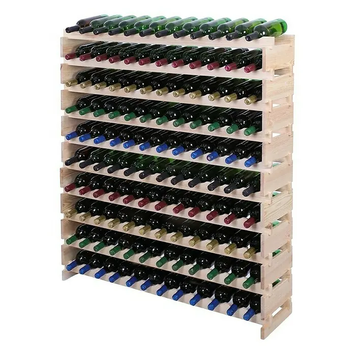 Proregal Flaschenregal Weinregal VINOTECA FLEX PRO für 120 Flaschen - Holz, Anzahl Böden: 10 Stk. - Ein volles Weinregal aus hellem Holz, gefüllt mit zahlreichen Weinflaschen unterschiedlicher Farben.