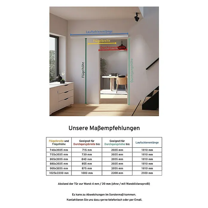 Inova Schiebetür-Komplettset Glasschiebetür ESG 880 x 2035 mm 3 Felder - 880 x 2.035 mm - Empfohlene Maße für Schiebetüren: Flügelbreite, -höhe, Durchgangsbreite, -höhe und Laufschiene, zur Auswahl der passenden Schiebetür.