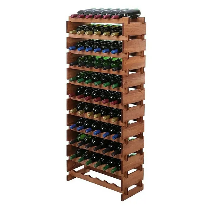 Proregal Flaschenregal Weinregal VINOTECA FLEX PRO für 66 Flaschen - L x B x H: 28 x 65 x 149 cm, Holz, Anzahl Böden: 11 Stk. - Ein hoher, hölzerner Weinständer mit mehreren Reihen, gefüllt mit Weinflaschen. Das Weinregal bietet praktischen Stauraum für Weinliebhaber.