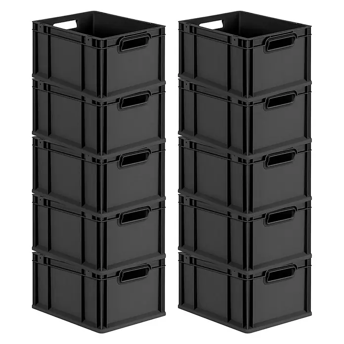 Proregal Euroboxen-Set 10x Eurobox NextGen Grip - L x B x H: 40 x 30 x 22 cm, Kunststoff, Schwarz, 10 Stk. - Zwei Stapel schwarzer Eurobehälter, ideal für Lagerung und Organisation. Praktische Griffe erleichtern den Transport.