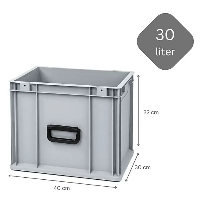 Proregal Euroboxen-Set 4x Eurobox NextGen Portable Uno - Kunststoff, Grau, 4 Stk. - Abbildung einer grauen 30-Liter-Kunststoffbox mit Griff und Maßangaben.