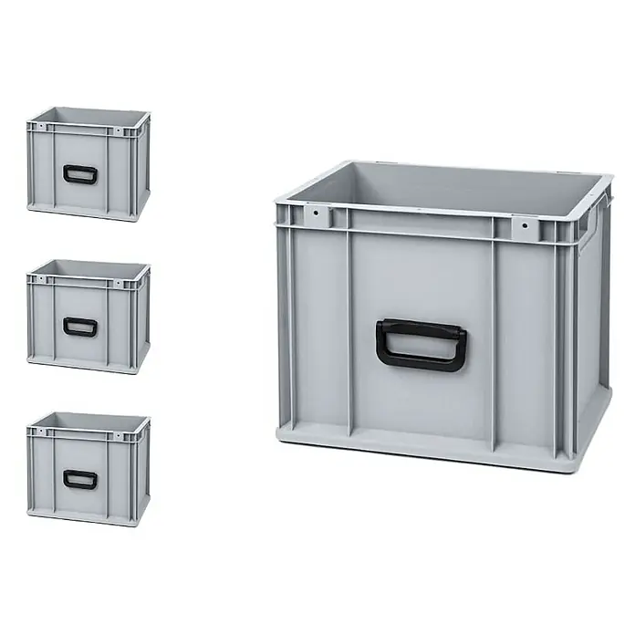 Proregal Euroboxen-Set 4x Eurobox NextGen Portable Uno - Kunststoff, Grau, 4 Stk. - Abbildung von drei grauen Eurobehältern mit schwarzen Griffen, die sich ideal für Lagerung und Transport eignen.