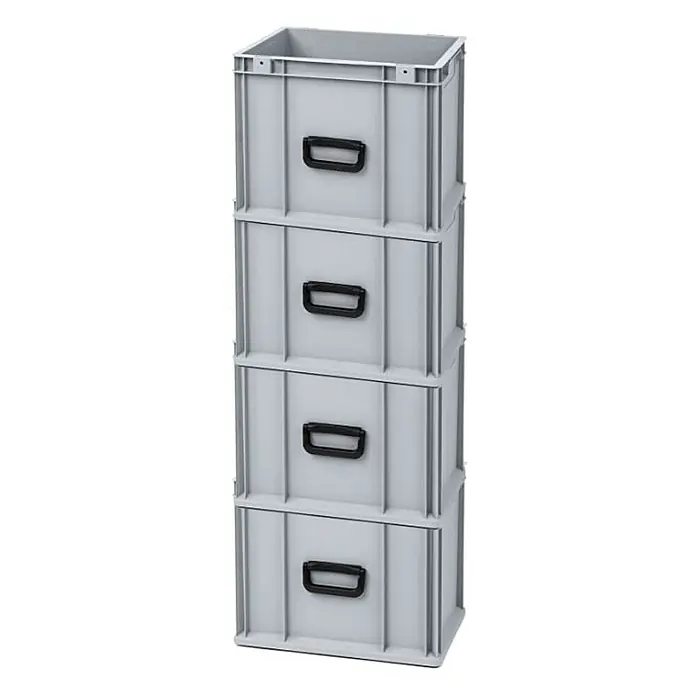 Proregal Euroboxen-Set 4x Eurobox NextGen Portable Uno - Kunststoff, Grau, 4 Stk. - Aufnahme des grauen Lagerbehälters mit vier Fächern, der eine organisierte Lagerungslösung bietet, ideal für Werkstatt oder Garage.