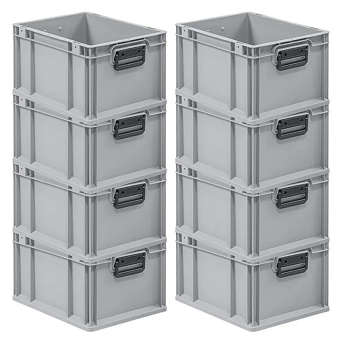 Proregal Euroboxen-Set 8x Eurobox NextGen Portable Duo - L x B x H: 40 x 30 x 22 cm, Kunststoff, Grau, 8 Stk. - Stapel von vier grauen Kunststoff-Eurobehältern mit schwarzen Griffen für Lagerung und Transport.