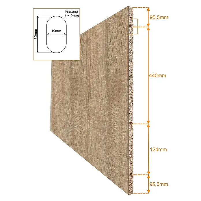 Inova Schiebetür-Komplettset Holz Komplettset Wildeiche mit Griffmuschel -  - Produktansicht: Holzplatte mit Abmessungen und Aussparungsdetails. Ideal für DIY-Projekte und Möbelbau. Robuste Qualität und präzise Verarbeitung.