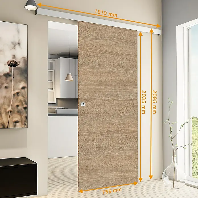 Inova Schiebetür-Komplettset Holz Komplettset Wildeiche mit Griffmuschel -  - Bild eines Holzschiebetür-Sets mit sichtbaren Maßen, das ein modernes und platzsparendes Design zeigt.