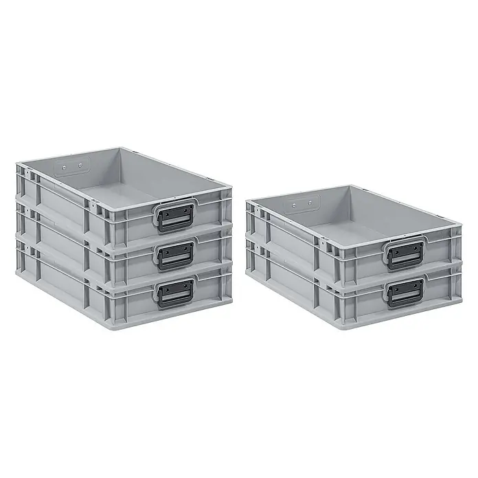 Proregal Euroboxen-Set 5x Eurobox NextGen Portable Duo - L x B x H: 60 x 40 x 12 cm, Kunststoff, Grau, 5 Stk. - Mehrere graue Kunststoffbehälter sind zur Aufbewahrung gestapelt. Sie sind robust und haben praktische Tragegriffe.