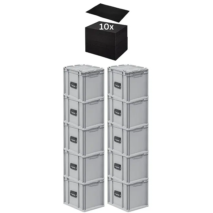 Proregal Euroboxen-Set 10x Eurobox NextGen Portable mit Rasterschaumstoff & Schaumstoffeinlage - L x B x H: 40 x 30 x 33,5 cm, Kunststoff, Grau, 10 Stk. - Zwei Stapel grauer Euroboxen mit Deckeln und einem Stapel von 10 schwarzen Schaumstoffeinlagen.