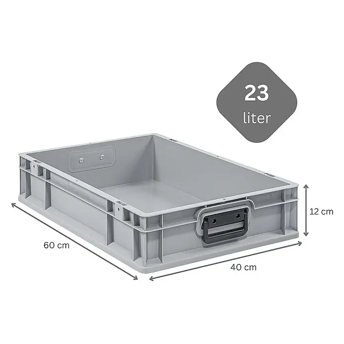 Proregal Euroboxen-Set 5x Eurobox NextGen Portable Duo - L x B x H: 60 x 40 x 12 cm, Kunststoff, Grau, 5 Stk. - Abbildung einer grauen 23-Liter-Lagerbox aus Kunststoff mit den Maßen 60 x 40 x 12 cm.