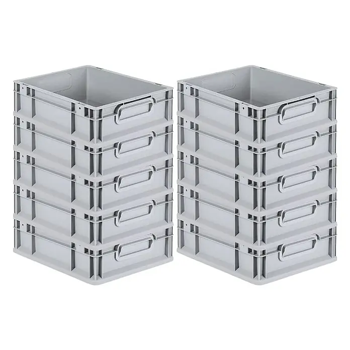 Proregal Euroboxen-Set 10x Eurobox NextGen Economy - Kunststoff, Grau, 10 Stk. - Zwei Stapel grauer Kunststoffbehälter mit Griffen, ideal für Lagerung und Organisation im Haushalt oder Gewerbe.