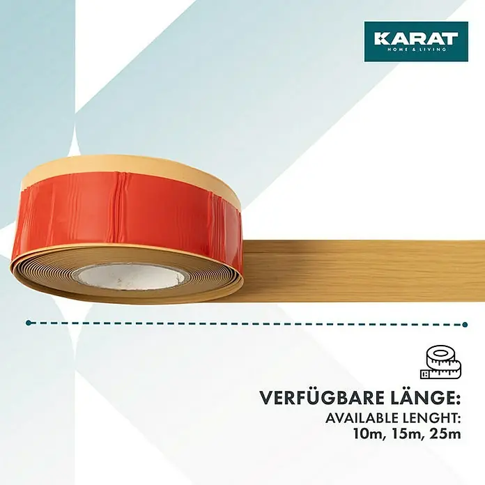Floordirekt Sockelleiste Oslo Eiche-Vintage 50 x 15 mm - 25 m - PVC - Abgebildet ist eine Rolle selbstklebendes Kantenband von Karat Home & Living, verfügbar in den Längen 10m, 15m und 25m.