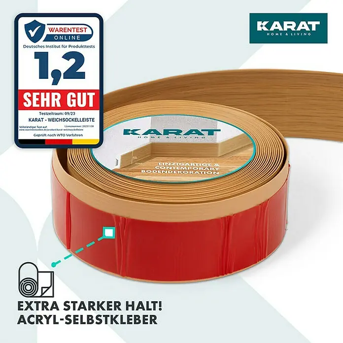 Floordirekt Sockelleiste Oslo Eiche-Vintage 50 x 15 mm - 25 m - PVC - Produktansicht der flexiblen Sockelleiste von Karat Home & Living mit starkem Acryl-Selbstkleber und Testergebnis "Sehr Gut" (1,2).