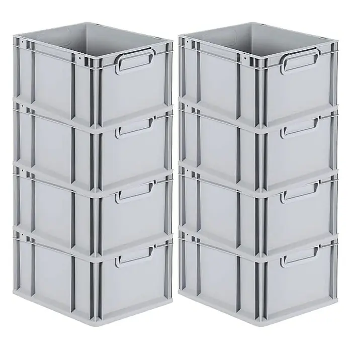 Proregal Euroboxen-Set 8x Eurobox NextGen Grip - Kunststoff, Grau, 8 Stk. - Zwei Stapel mit jeweils vier grauen Lagerboxen aus Kunststoff. Sie sind identisch und nebeneinander angeordnet.