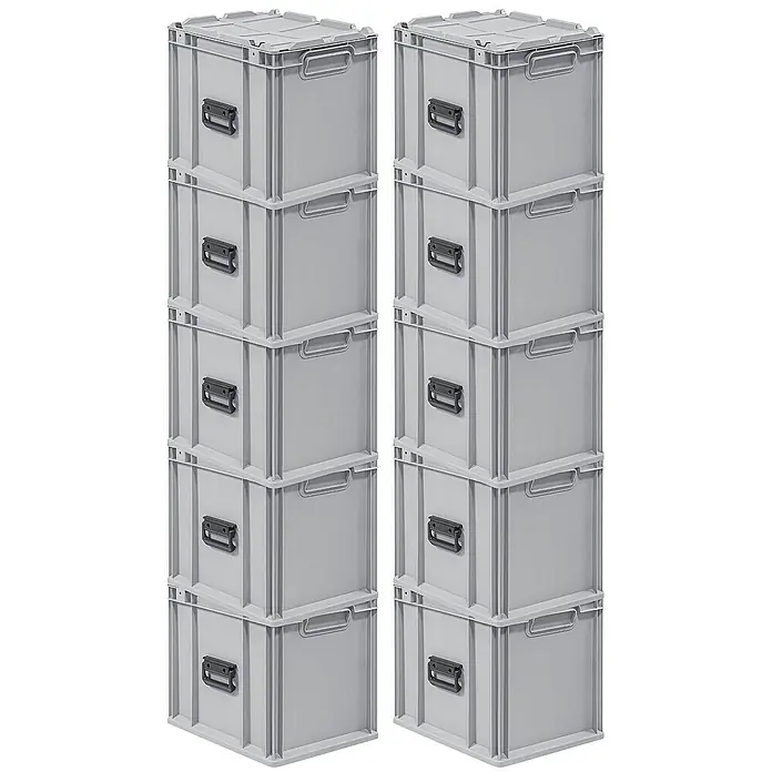 Proregal Euroboxen-Set 10x Eurobox NextGen Portable - Kunststoff, Grau, 10 Stk. - Zwei Stapel grauer Kunststoffboxen mit Griffen, ideal zur Aufbewahrung und Organisation verschiedener Gegenstände.