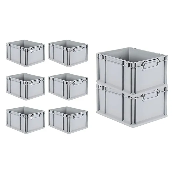 Proregal Euroboxen-Set 8x Eurobox NextGen Grip - Kunststoff, Grau, 8 Stk. - Darstellung von grauen Euroboxen, die robust und stapelbar sind. Sie bieten eine praktische Lösung für Lagerung und Transport.
