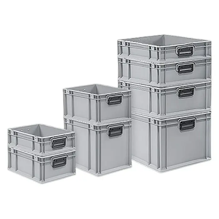 Proregal Euroboxen-Set 10x Eurobox NextGen Portable - Kunststoff, Grau, 10 Stk. - Stapel von grauen Lagerbehältern aus Kunststoff mit schwarzen Griffen in verschiedenen Größen.