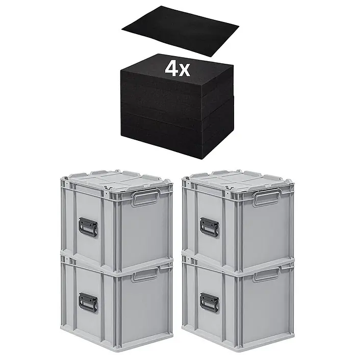 Proregal Euroboxen-Set 4x Eurobox NextGen Portable mit Rasterschaumstoff & Schaumstoffeinlage - L x B x H: 40 x 30 x 33,5 cm, Kunststoff, Grau, 4 Stk. - Produktbild mit vier grauen Lagerkisten, vier schwarzen Schaumstoffeinlagen und einer einzelnen Schaumstoffplatte.