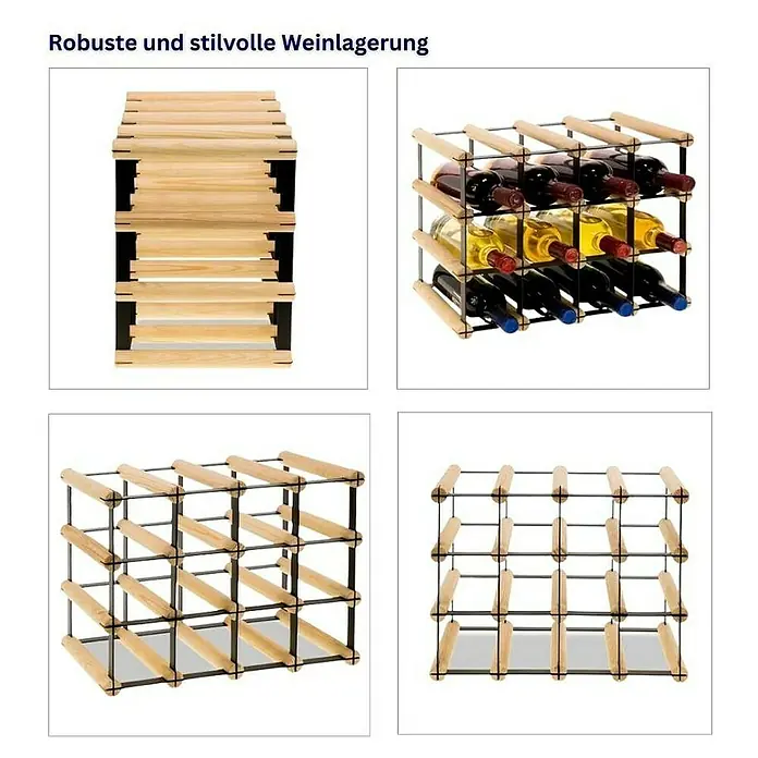 Proregal Flaschenregal Modulares Weinregal VINOTECA MOD METAL für 4x3 Flaschen - Holz - Weinregal aus Holz zur stilvollen und robusten Weinlagerung mit verschiedenen Ansichten des Regals, mit und ohne Weinflaschen.