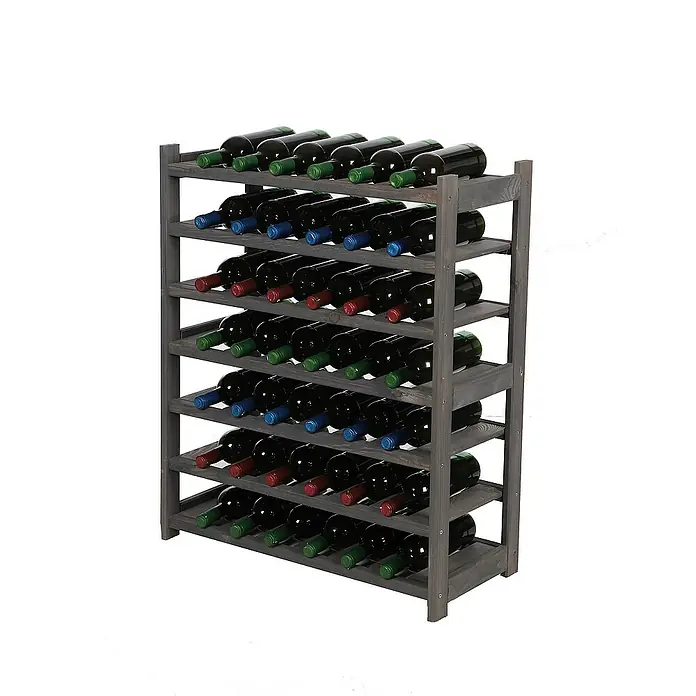 Proregal Flaschenregal Weinregal SPREEWALD für 42 Flaschen - L x B x H: 33 x 70 x 86 cm, Holz, Anzahl Böden: 7 Stk. - Ein graues, hölzernes Weinregal mit sieben Regalböden, voll mit Weinflaschen, die auf einem weißen Hintergrund stehen.