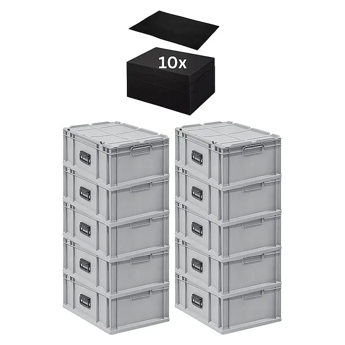 Proregal Euroboxen-Set 10x Eurobox NextGen Portable mit Rasterschaumstoff & Schaumstoffeinlage - L x B x H: 60 x 40 x 23,5 cm, Kunststoff, Grau, 10 Stk. - Zwei Stapel grauer Kunststoffboxen mit Griffen, darüber 10 schwarze Schaumstoffeinlagen und ein Schaumstoffdeckel.