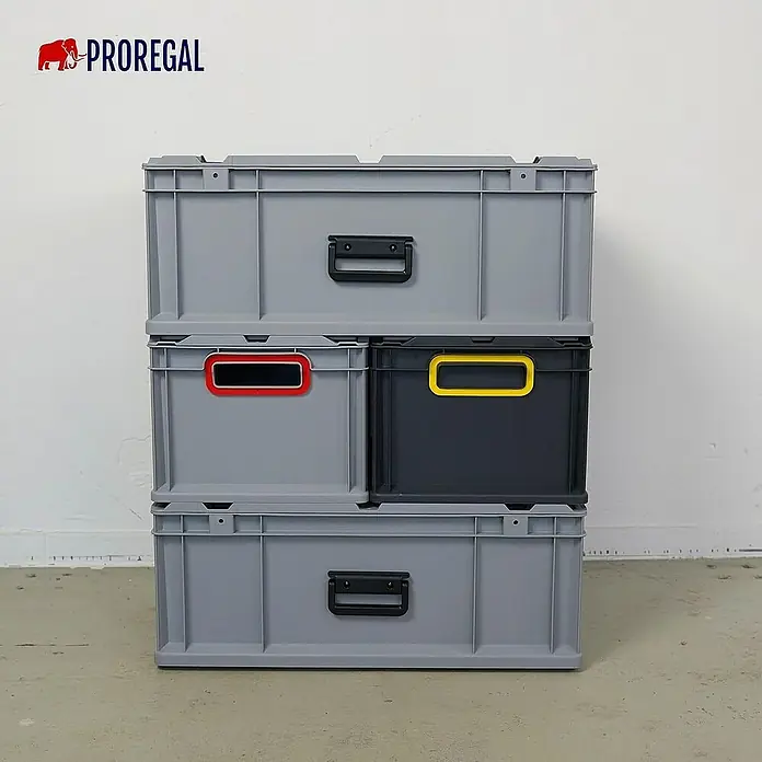 Proregal Euroboxen-Set 5x Eurobox NextGen Portable Duo - L x B x H: 40 x 30 x 32 cm, Kunststoff, Grau, 5 Stk. - Drei graue Lagerboxen unterschiedlicher Größe sind ordentlich gestapelt und bieten praktischen Stauraum.