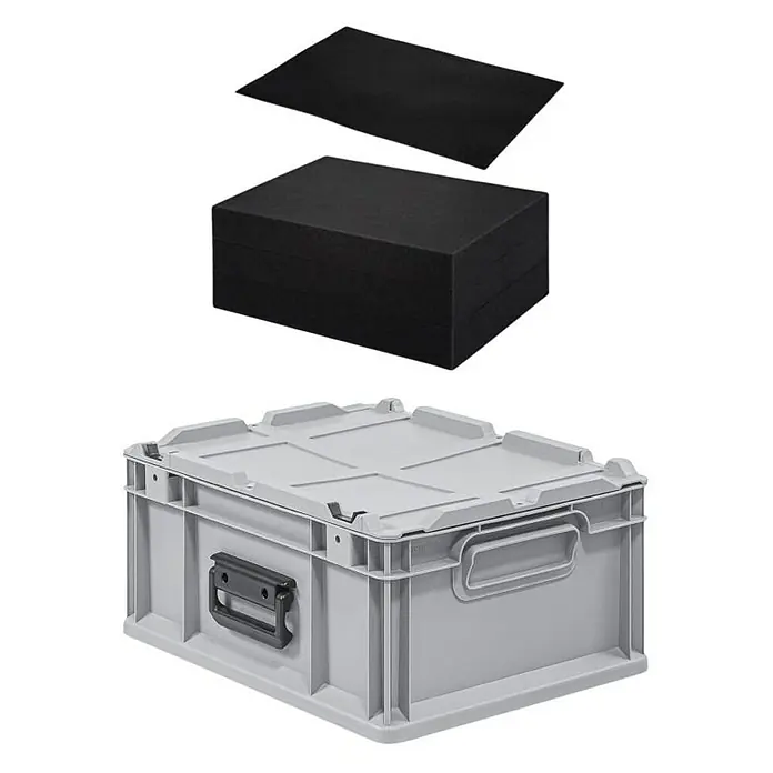 Proregal Eurobox Eurobox NextGen Portable mit Rasterschaumstoff & Schaumstoffeinlage - Kunststoff, Grau - Graue Kunststoffbox mit Deckel und Griffen, darüber ein schwarzer Schaumstoffblock und eine schwarze Platte.