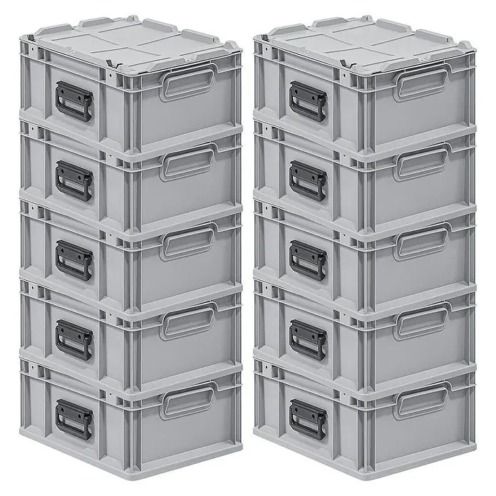Proregal Euroboxen-Set 10x Eurobox NextGen Portable - Kunststoff, Grau, 10 Stk. - Zwei Stapel grauer Lagerboxen mit Deckel und Griffen. Die Boxen sind aus Kunststoff und eignen sich ideal zur Aufbewahrung.