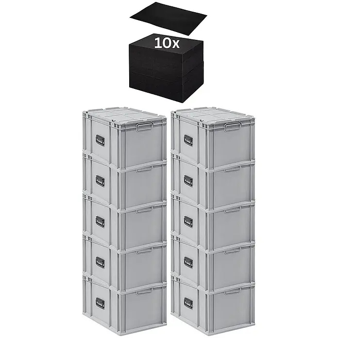 Proregal Euroboxen-Set 10x Eurobox NextGen Portable mit Rasterschaumstoff & Schaumstoffeinlage - Kunststoff, Grau, 10 Stk. - Zwei Stapel grauer Lagerboxen mit schwarzen Schaumstoffeinlagen. Praktische Aufbewahrungslösung für Ordnung und Schutz.