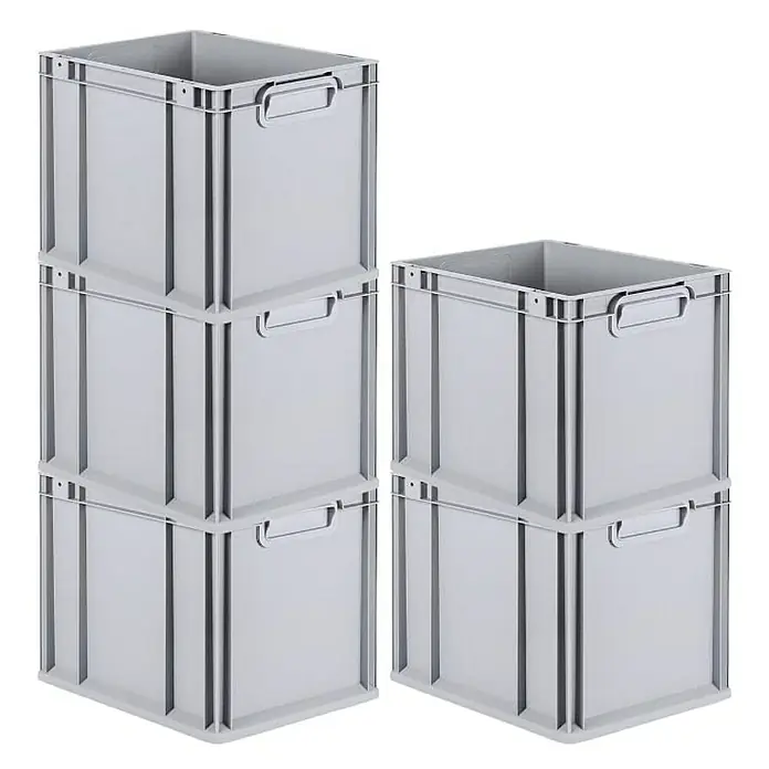 Proregal Euroboxen-Set 5x Eurobox NextGen Grip - Kunststoff, Grau, 5 Stk. - Drei graue Kunststoffboxen sind aufeinander gestapelt, daneben zwei Boxen. Die Boxen haben Griffe für einfachen Transport.