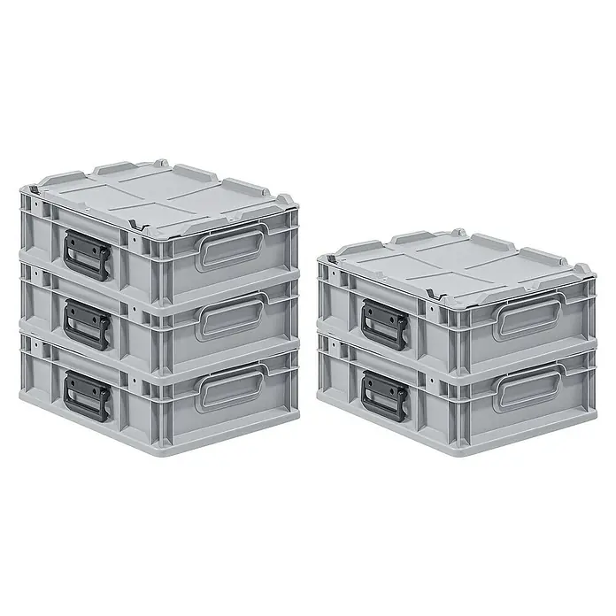 Proregal Euroboxen-Set 5x Eurobox NextGen Portable - Kunststoff, Grau, 5 Stk. - Ein Stapel grauer Kunststoffkisten mit Deckel und Griffen, ideal für Lagerung und Organisation. Sie sind robust und platzsparend stapelbar.
