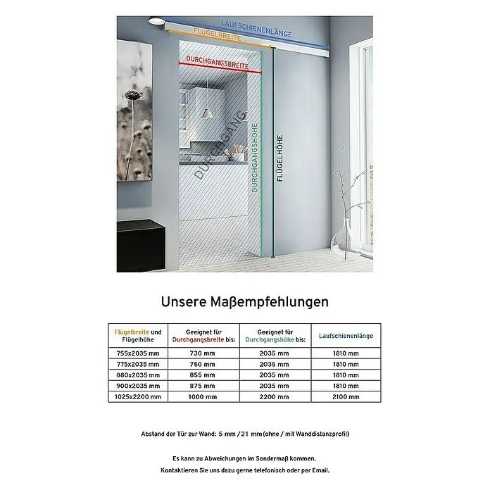 Inova Schiebetür-Komplettset Holz Komplettset Wildeiche mit Quadratgriff - 755 x 2.035 mm - Schematische Darstellung und Maßtabelle einer Schiebetür zur einfachen Auswahl der richtigen Größe. Empfohlene Türgrößen und Laufschienenlängen.