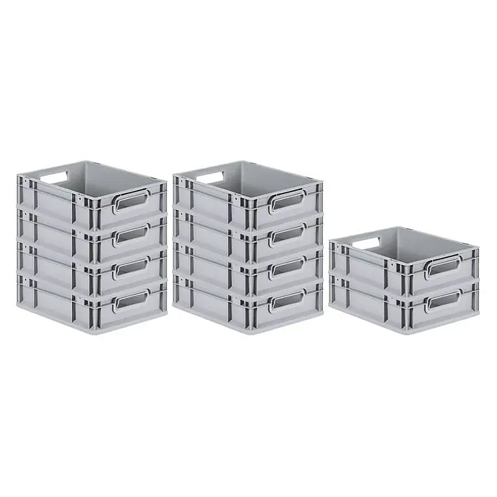 Proregal Euroboxen-Set 10x Eurobox NextGen Economy - L x B x H: 40 x 30 x 12 cm, Kunststoff, Grau, 10 Stk. - Bild von drei Stapeln grauer Kunststoffbehälter mit Griffen, die zur Aufbewahrung und Organisation verwendet werden können.