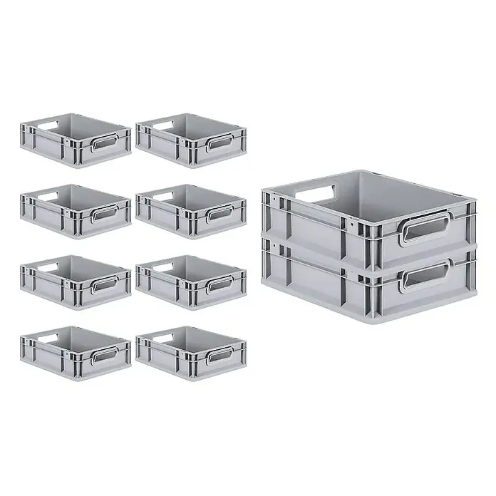 Proregal Euroboxen-Set 10x Eurobox NextGen Economy - L x B x H: 40 x 30 x 12 cm, Kunststoff, Grau, 10 Stk. - Bild zeigt mehrere graue Kunststoffboxen, einige einzeln und andere gestapelt, die vielseitige Aufbewahrungslösungen bieten.