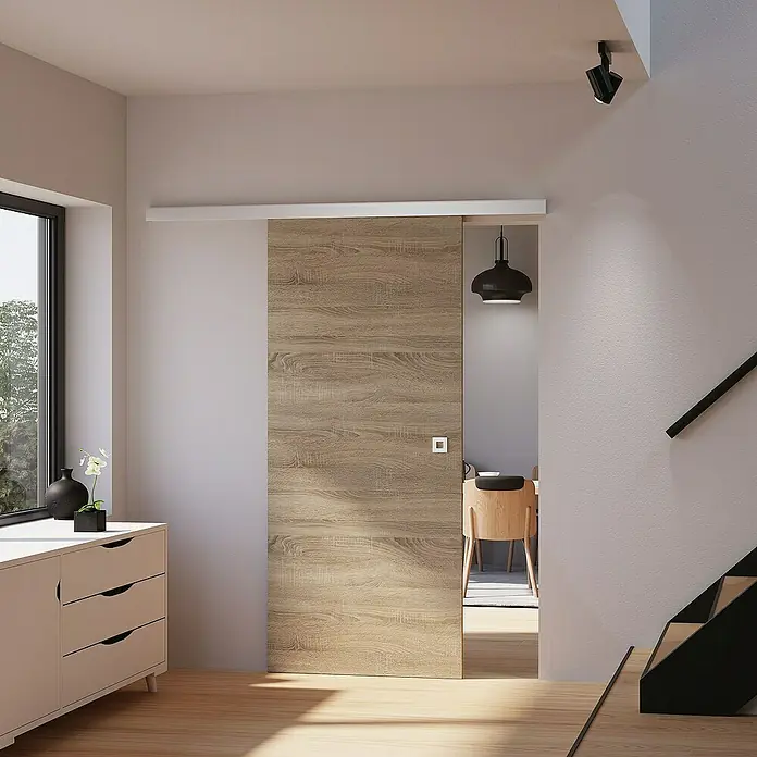Inova Schiebetür-Komplettset Holz Komplettset Wildeiche mit Quadratgriff - 755 x 2.035 mm - Elegante Schiebetür aus Holz mit modernem Design. Perfekt für stilvolle Raumtrennung und platzsparende Lösungen in Ihrem Zuhause.