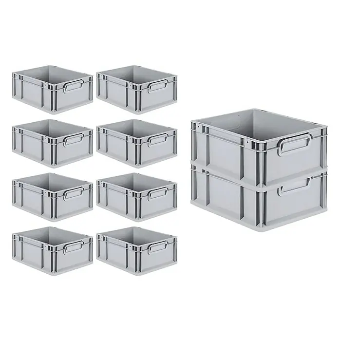 Proregal Eurobox Eurobox NextGen Economy - L x B x H: 40 x 30 x 17 cm, Kunststoff, Grau - Abbildung von neun grauen Lagerboxen, davon zwei gestapelt. Diese robusten Kunststoffboxen sind ideal für Lagerung und Organisation.
