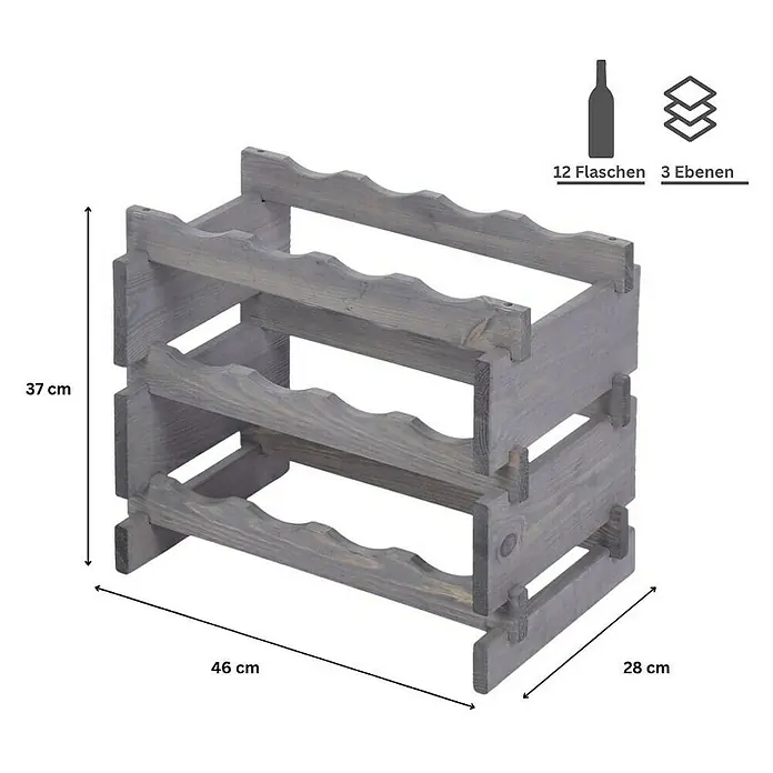 Proregal Flaschenregal Weinregal VINOTECA FLEX PRO für 12 Flaschen - L x B x H: 28 x 46 x 37 cm, Holz, Anzahl Böden: 3 Stk. - Holz Weinflaschenregal, grau, für 12 Flaschen, 3 Ebenen, 37x46x28cm, für die stilvolle Aufbewahrung Ihrer Weine.
