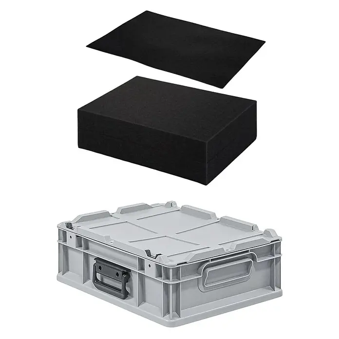 Proregal Eurobox Eurobox NextGen Portable mit Rasterschaumstoff & Schaumstoffeinlage - L x B x H: 40 x 30 x 13,5 cm, Kunststoff, Grau - Bild einer grauen Eurokiste mit Deckel und schwarzen Schaumstoffeinlagen, ideal für den sicheren Transport empfindlicher Güter.