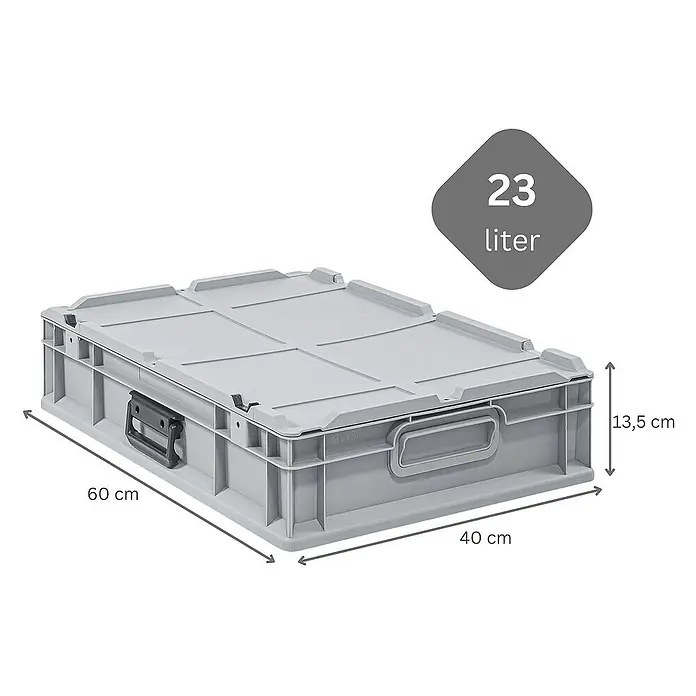 Proregal Euroboxen-Set 7x Eurobox NextGen Portable mit Rasterschaumstoff & Schaumstoffeinlage - Kunststoff, Grau, 7 Stk. - Abbildung einer grauen 23-Liter-Eurobox mit Deckel und den Maßen 60x40x13,5 cm, die eine vielseitige Aufbewahrungslösung darstellt.