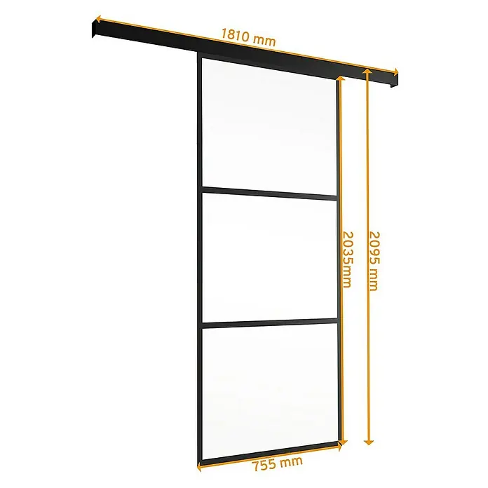 Inova Schiebetür-Komplettset Loft Klarglas Komplettset 3 Felder schwarz - 755 x 2.035 mm - Abbildung einer schwarzen Glasschiebetür mit den Maßen 1810 mm x 2095 mm, die für moderne Innenräume entworfen wurde.