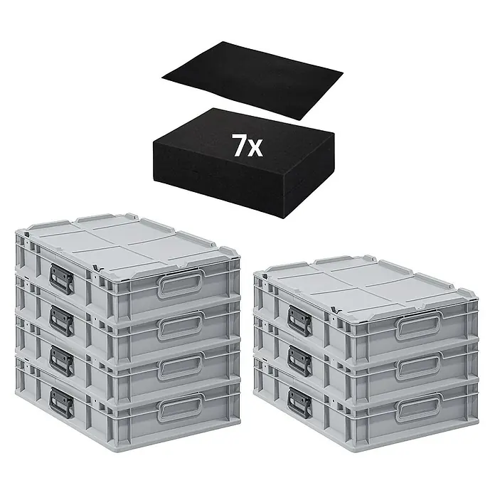 Proregal Euroboxen-Set 7x Eurobox NextGen Portable mit Rasterschaumstoff & Schaumstoffeinlage - Kunststoff, Grau, 7 Stk. - Bild von einem Satz grauer Euroboxen mit Deckel und schwarzer Schaumstoffeinlage zur Lagerung und Organisation.