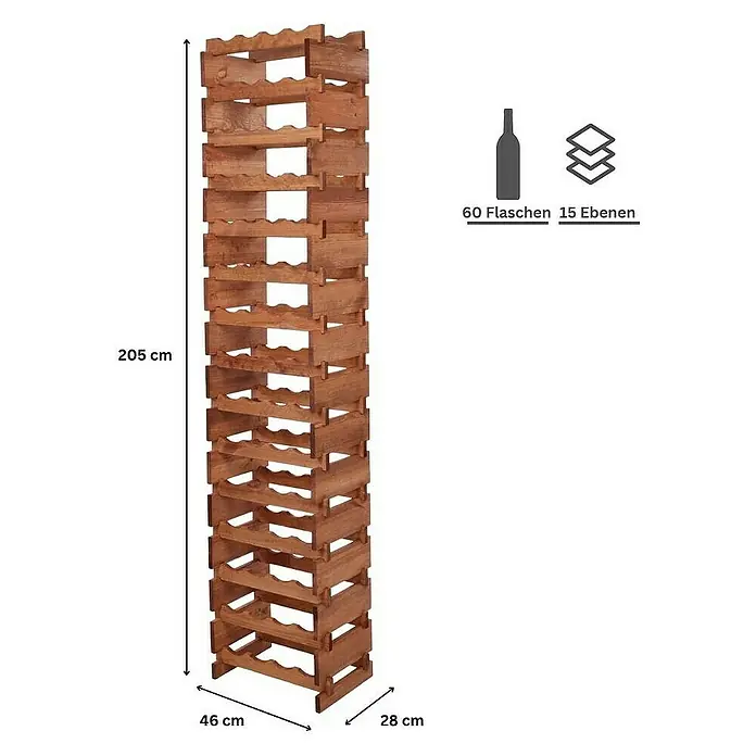 Proregal Flaschenregal Weinregal VINOTECA FLEX PRO für 60 Flaschen - L x B x H: 28 x 46 x 205 cm, Holz, Anzahl Böden: 15 Stk. - Weinregal aus Holz für 60 Flaschen mit 15 Ebenen. Höhe 205cm, Tiefe 28cm und Breite 46cm. Ideal für die Lagerung von Weinen.
