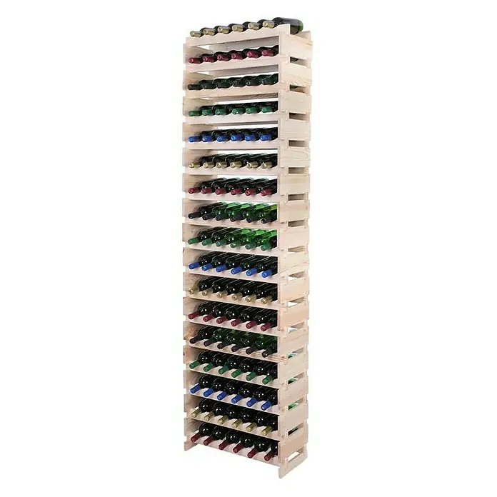 Proregal Flaschenregal Weinregal VINOTECA FLEX PRO für 102 Flaschen - L x B x H: 28 x 65 x 233 cm, Holz, Anzahl Böden: 17 Stk. - Ein hohes Weinregal aus hellem Holz ist voll mit verschiedenen Weinflaschen. Die Flaschen liegen horizontal in den Regalfächern.