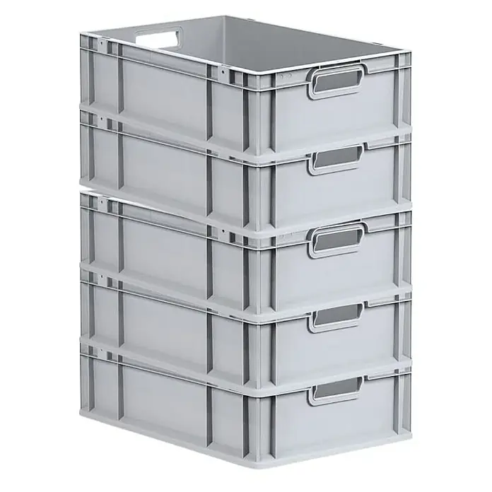 Proregal Euroboxen-Set 5x Eurobox NextGen Economy - L x B x H: 60 x 40 x 17 cm, Kunststoff, Grau, 5 Stk. - Stapel von vier grauen Kunststoffboxen mit Griffen, ideal für Lagerung und Organisation im Haushalt oder im Büro.