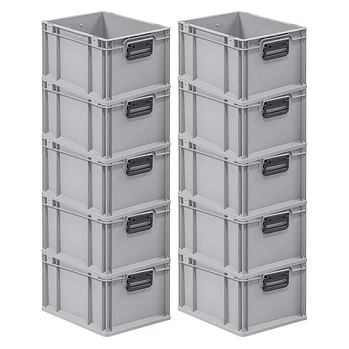 Proregal Euroboxen-Set 10x Eurobox NextGen Portable Duo - L x B x H: 40 x 30 x 22 cm, Kunststoff, Grau, 10 Stk. - Zwei Stapel grauer Kunststoff-Lagerboxen mit schwarzen Griffen. Ideal für Organisation und Lagerung.