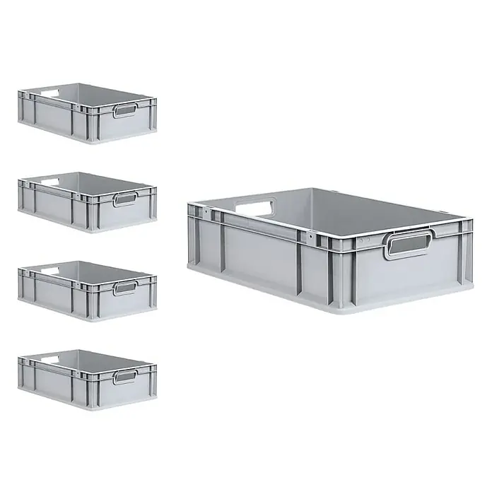 Proregal Euroboxen-Set 5x Eurobox NextGen Economy - L x B x H: 60 x 40 x 17 cm, Kunststoff, Grau, 5 Stk. - Eine Auswahl an grauen Kunststoffbehältern, die für Lagerung und Transport geeignet sind und über praktische Tragegriffe verfügen.